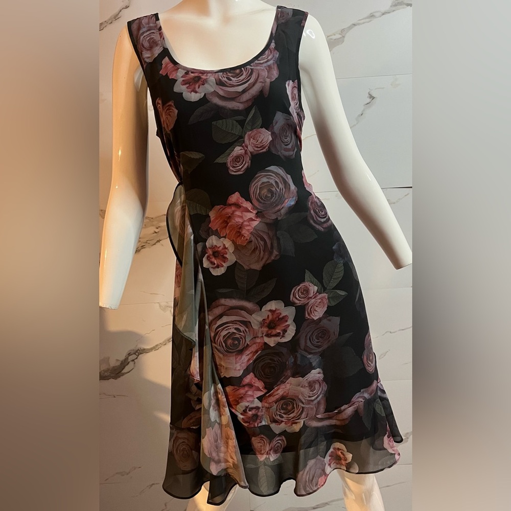 Jessica Simpson Maternity Flowy Ruffle Grey Midi Dress Pink Rose Floral Size M